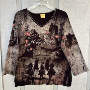 Katina Marie Size XL Shirt Cowgirl Western Fair Rhinestones 3/4 Slv V Neck
